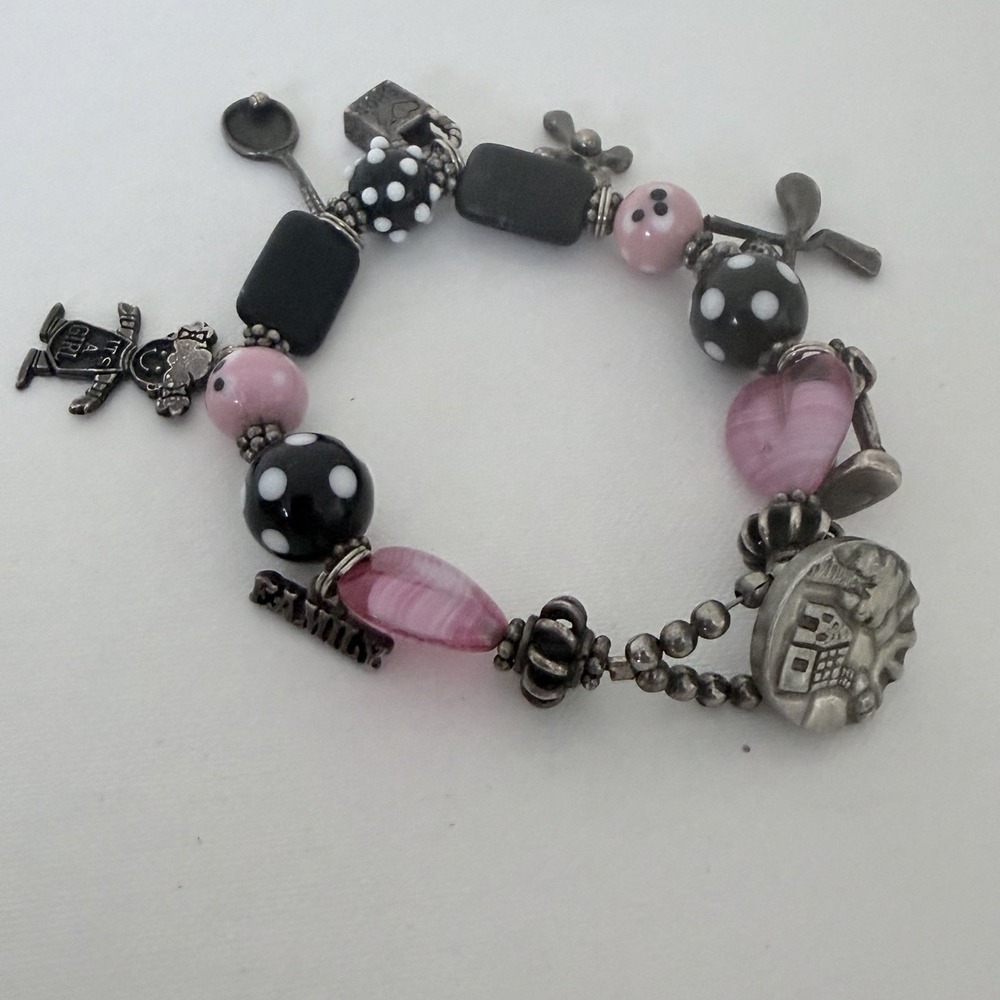 Vtg Charm Bracelet Danforth Pewter Art Glass Beads Sterling Silver Pink Tennis